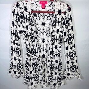 Vintage Betsey Johnson OS Floral Crochet Boho Bell Sleeve Duster Cardigan Top